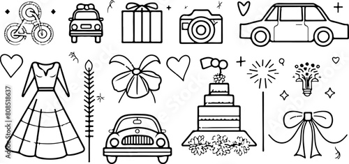 set of wedding icons, hand drawn doodle style vector illustration with white background