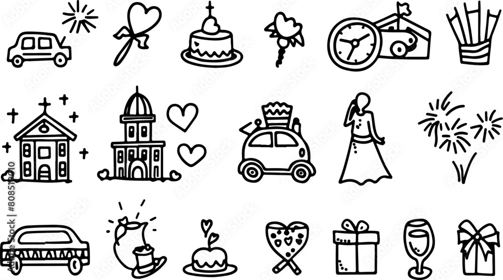 set of wedding icons, hand drawn doodle style vector illustration with white background