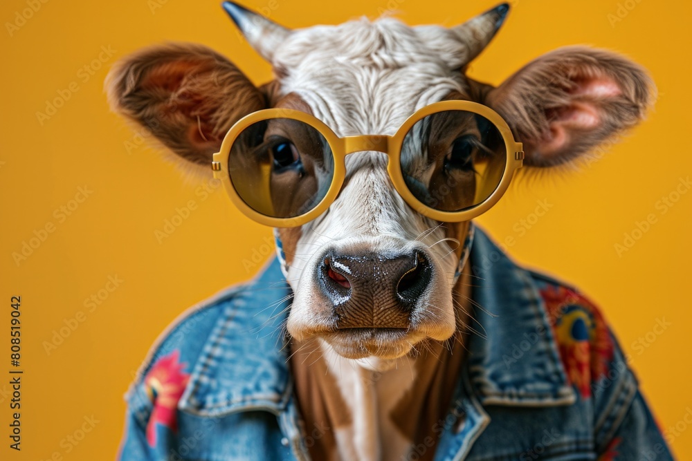 Φωτογραφία A Ox styled in funky fashion with a colorful jacket, casual shirt, and dark shad
