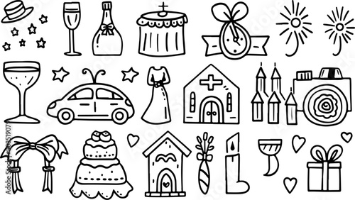 set of wedding icons, hand drawn doodle style vector illustration with white background