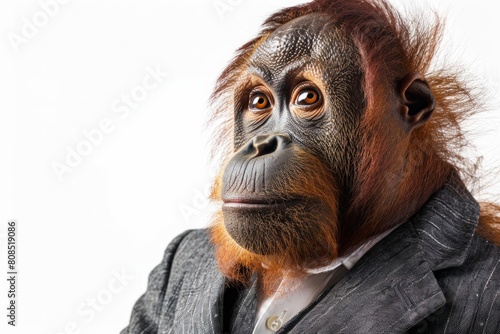 A Sumatran Orangutanin a sharp business suit, poised and dignified, isolated against a stark white background, AI Generative photo