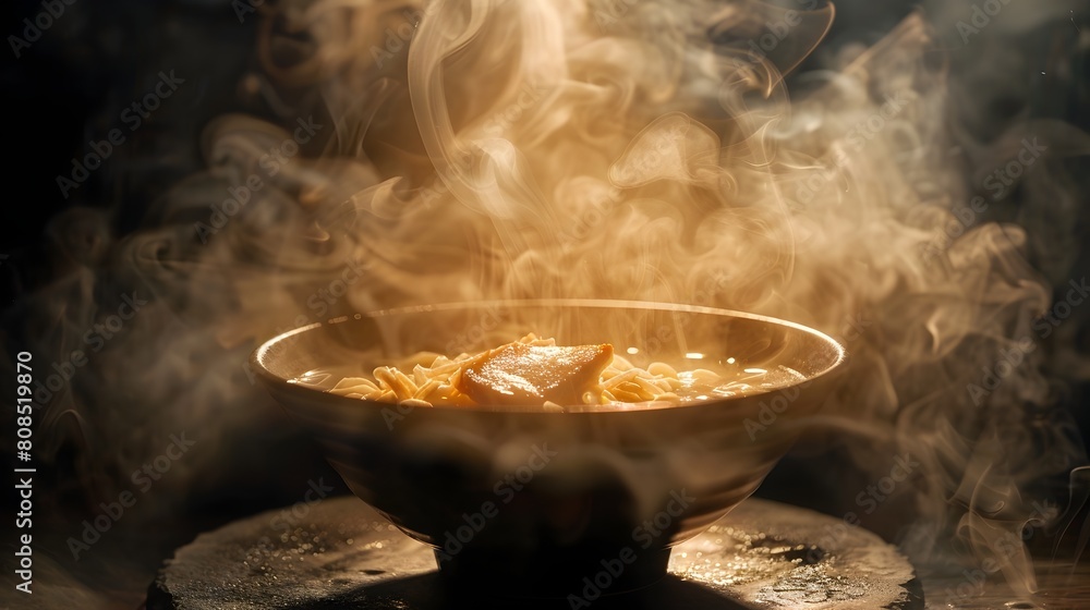 Dramatic Tonkotsu Ramen Bowl with Swirling Steam and Chashu Pork Dramatic Tonkotsu Ramen Bowl with Swirling Steam and Chashu Pork