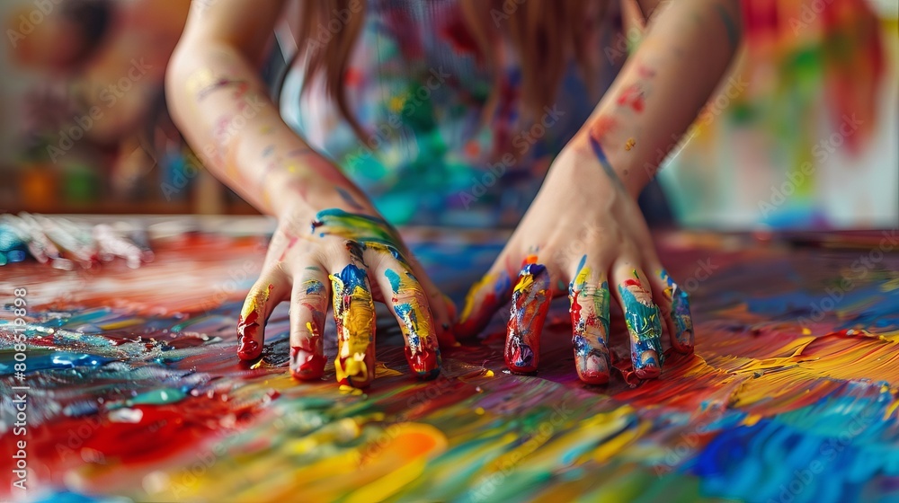 Creative Expression: Close-Up of Young Girl Embracing Art with Colorful Hands - Horizontal Shot Creative Expression: Close-Up of Young Girl Embracing Art with Colorful Hands - Horizontal Shot