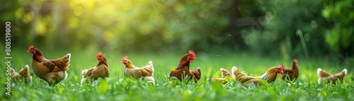 A variety of chicken breeds, including Rhode Island Reds and Leghorns, foraging together in a vibrant green meadow