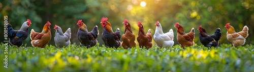A variety of chicken breeds, including Rhode Island Reds and Leghorns, foraging together in a vibrant green meadow photo