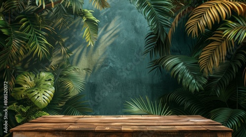 Smooth wooden surface of an empty table  with the richness of its texture highlighted in front of a lush green backdrop. This image evokes a sense of calm and simplicity  AI Generative