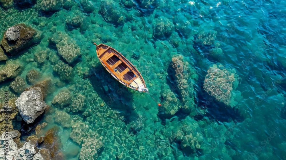 Crystal Clear Waters: Aerial Photography of a Boat in Transparent Sea Crystal Clear Waters: Aerial Photography of a Boat in Transparent Sea