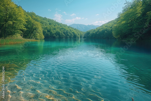 A serene lake in Plitvice set within the beautiful forests of Croatia, its turquoise waters reflecting the clear blue sky above and lush greenery around it. Created with Ai