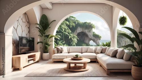  Contemporary Tropical Retreat  Ultra-Realistic Photo of Modern Small Condo Interior  with Bali-Inspired Aesthetic  Featuring White Cream Stone and Light Wood Round Arches in Living Room Oasis with Lu