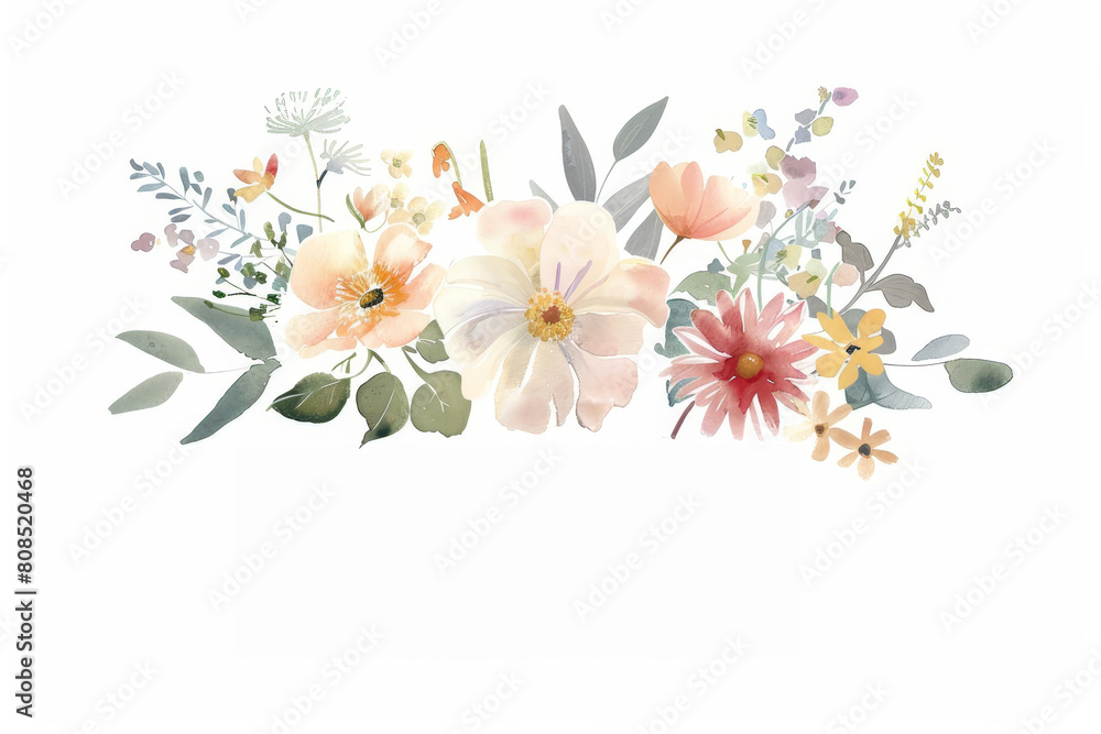 Minimalist feminine florist logo featuring pastel watercolor flowers, copy space on the bottom