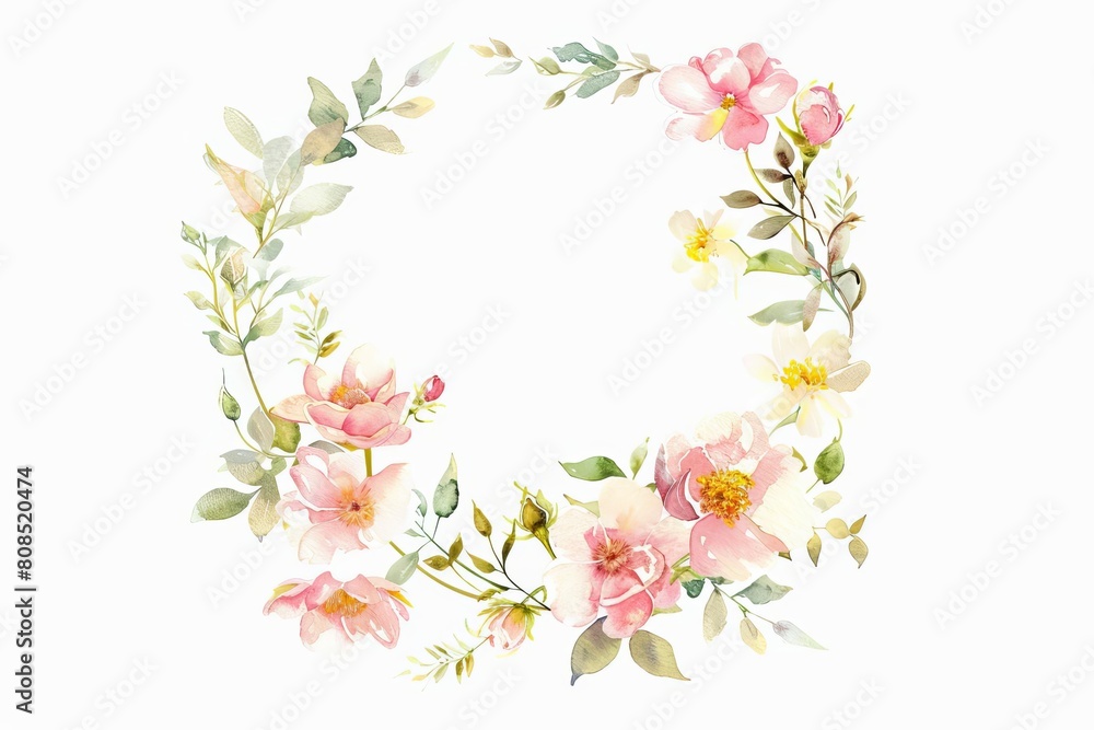 Watercolor pastel blooms frame arranged in a circular formation around blank space for typography Watercolor pastel blooms frame arranged in a circular formation around blank space for typography