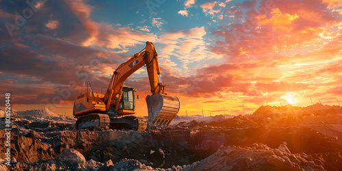 excavator in construction site on sunset sky background Excavator work on construction site at sunset sand, crushed stone, against the blue sky background