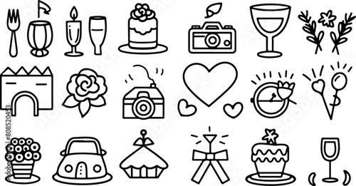 set of wedding icons, hand drawn doodle style vector illustration with white background