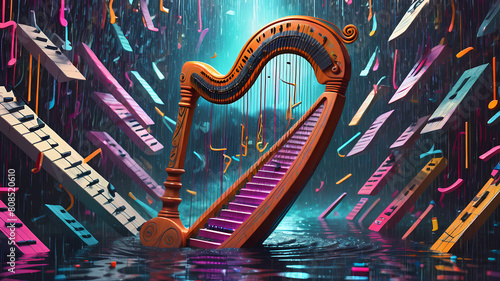 Harmonic Warfare: Warrior Harp Infused into Retro-Futuristic Landscape, Enhanced with Electrical Elements in 8D Render