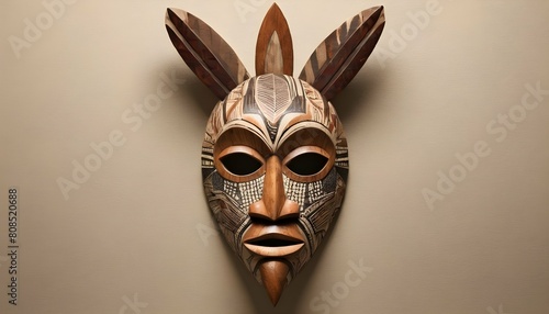 A tribal mask with bold patterns and earthy textur