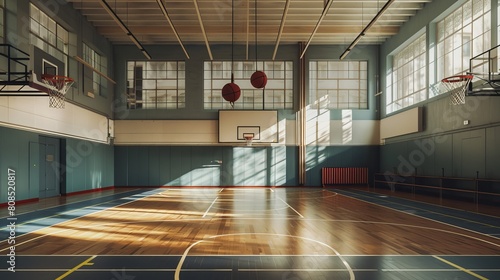 Empty European School Gym Class: Football, Basketball, and Handball Sports Activities