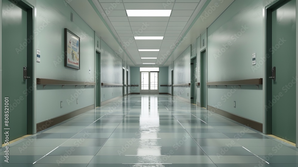 Spacious Empty Hallway in Educational Setting with Simulated Ad, 3D Render