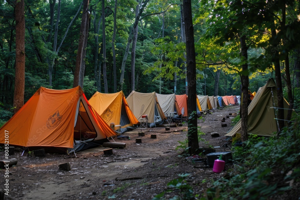 Children camping in summer camps for scouts. Generative Ai