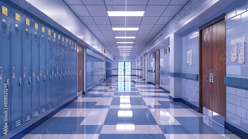 Quiet and Spacious Elementary School Hallway with Lockers and Classroom Doors, Awaiting Students