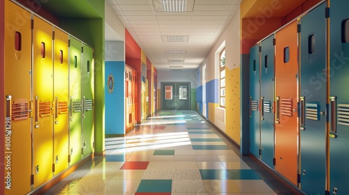 Quiet Empty Hallway  Elementary School Interior with Lockers and Classrooms - Educational Environment Scene