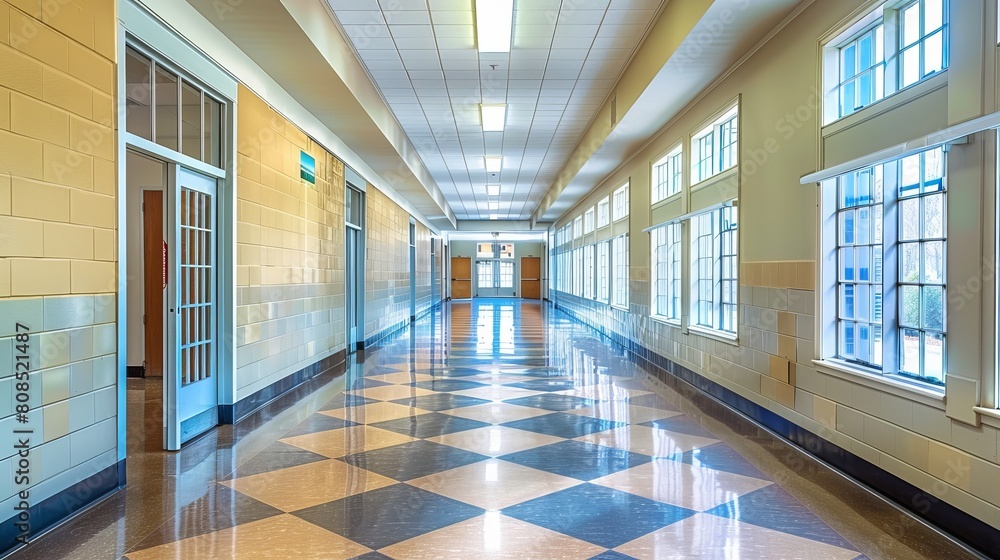 Quiet Empty School Hallway with Lockers and Fluorescent Lighting - Educational Environment Concept Quiet Empty School Hallway with Lockers and Fluorescent Lighting - Educational Environment Concept