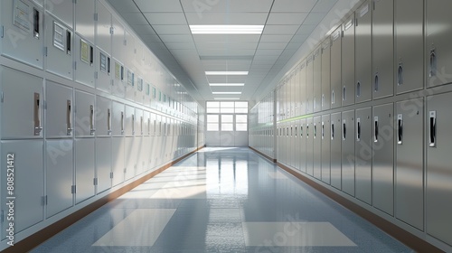 Empty School Corridor with Row of Lockers - Modern Educational Environment, AI Technology Concept
