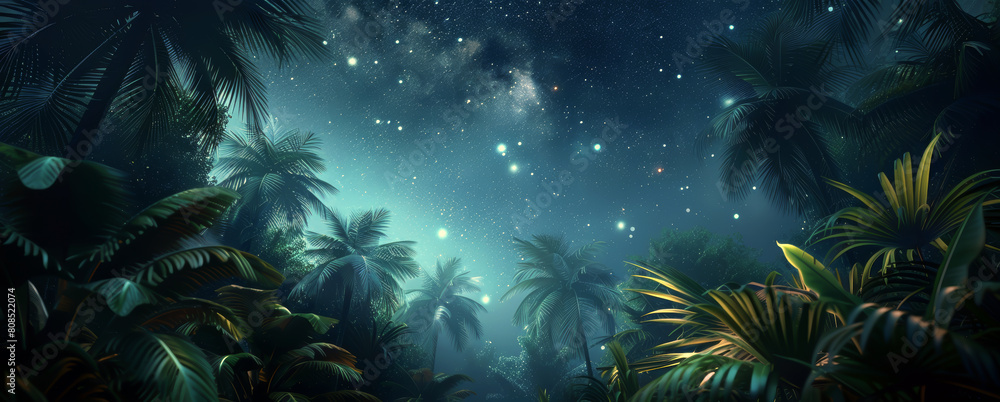 Mystical night sky view from a tropical jungle with vibrant stars and galaxy visible through dense palm leaves Mystical night sky view from a tropical jungle with vibrant stars and galaxy visible through dense palm leaves