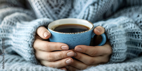 Female hands in warm sweater holding cup of coffee hands holding cup of coffee on old wooden table in autumn morning