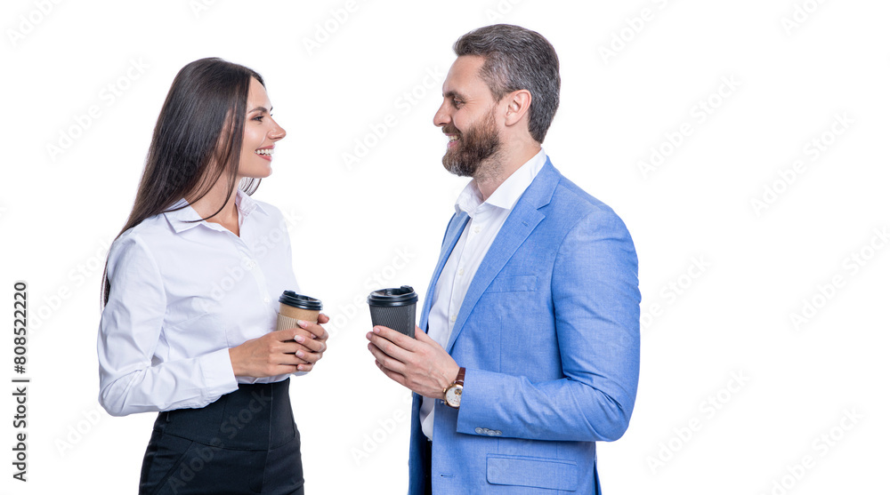 business coffee meeting. business colleague at coffee break isolated on white. businessman and businesswoman with coffee. colleagues having a coffee break in office. businesspeople. copy space