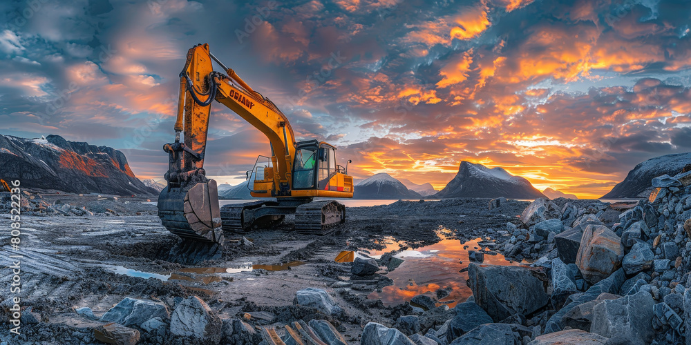 A yellow excavator is driving on the rocky ground, with sunset clouds in the sky and mountains background A yellow excavator is driving on the rocky ground, with sunset clouds in the sky and mountains background