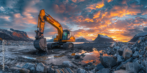 A yellow excavator is driving on the rocky ground, with sunset clouds in the sky and mountains background