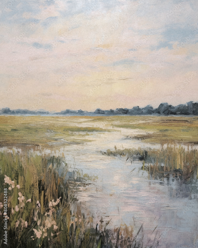 Farmhouse style painting of a river with a field of grass and flowers