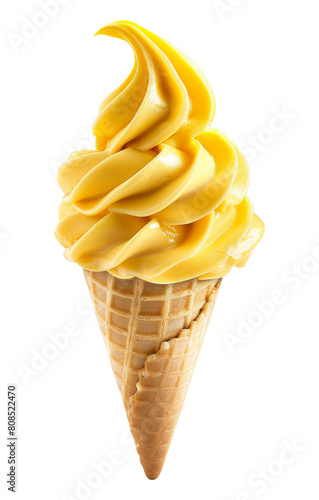 Soft serve mango Ice cream swirl on waffle cone on transparent background