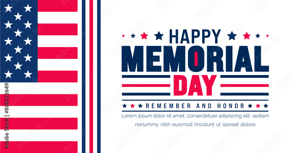 Happy Memorial Day Remember and Honor typography background template. American national holiday with USA flag banner design. Memorial Day background with USA flag design.