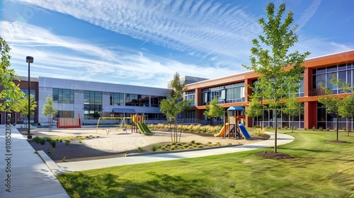 Modern Public School Playground: Exterior View of Contemporary Educational Facility