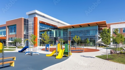 Modern Public School Playground: Exterior View of Contemporary Educational Facility © Nazia