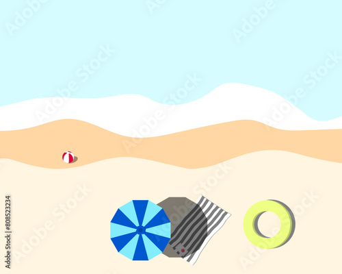 beach and sea with umbrella swim ring and ball no people in summer flat lay with copy space for poster background retail travel. eps10