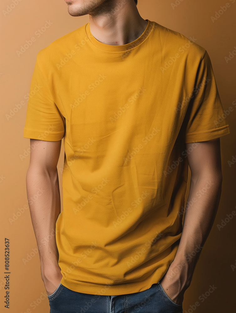 A man wearing a yellow t-shirt mock-up, mock up for t-shirt design A man wearing a yellow t-shirt mock-up, mock up for t-shirt design