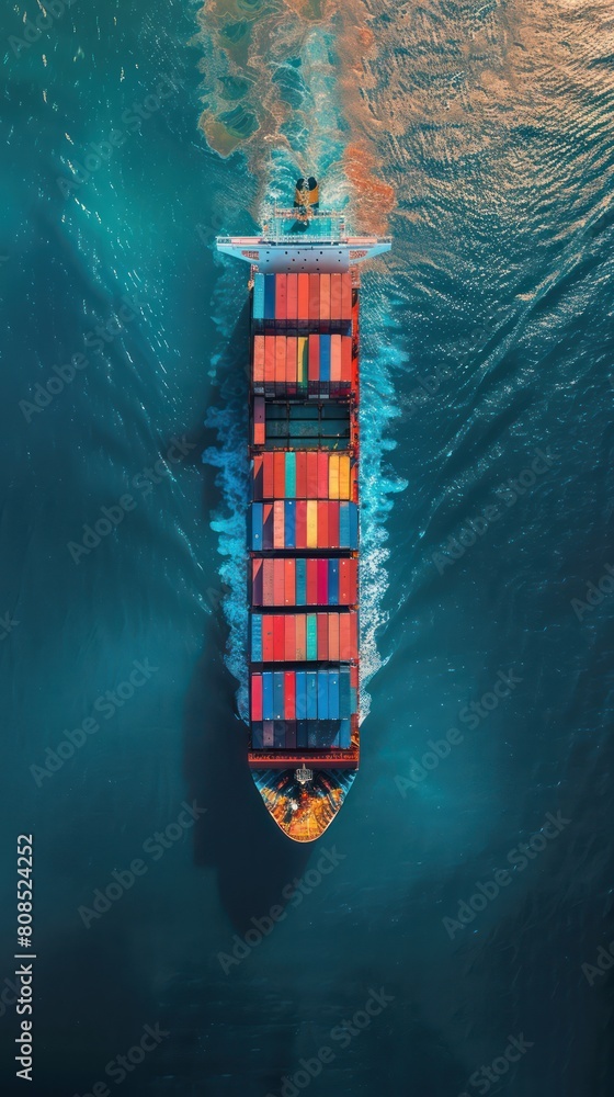 Aerial top view of container cargo ship in import export business logistics and transportation of international Aerial top view of container cargo ship in import export business logistics and transportation of international