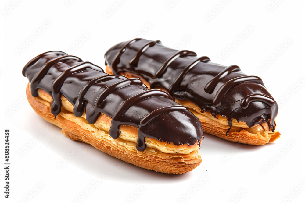 two chocolate covered pastries on a white surface two chocolate covered pastries on a white surface