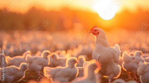 A large, modern chicken farm with thousands of chickens in the background under bright sunlight.  photo