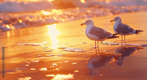 A group of seagulls on the beach with waves in sunset light, golden hour