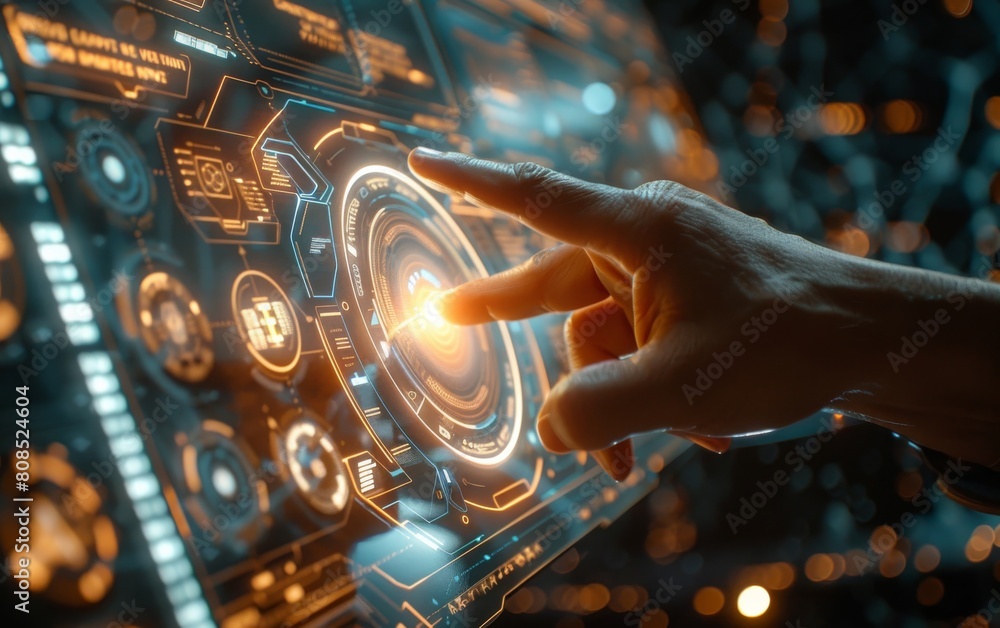 A hand is pointing at a glowing object on a computer screen A hand is pointing at a glowing object on a computer screen