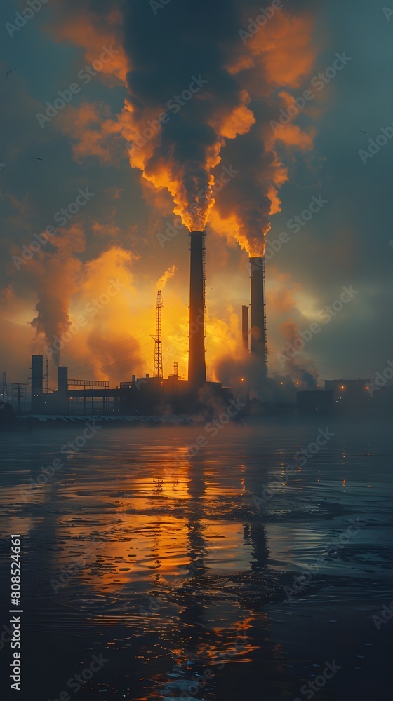 Air pollution image with smoke coming from an industrial chimney in the background. Powerful depiction of global environmental destruction. It shows the impact on human health and the world's climate.