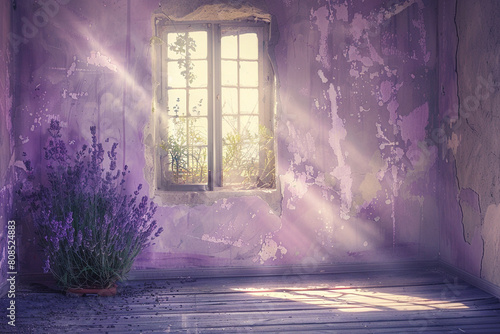 Soft retro sun rays highlight the nostalgia and charm of a vintage lavender room.