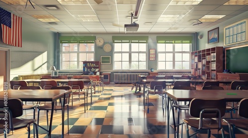Vibrant High School Classroom Interior - 3D Illustration of Engaging Educational Environment photo
