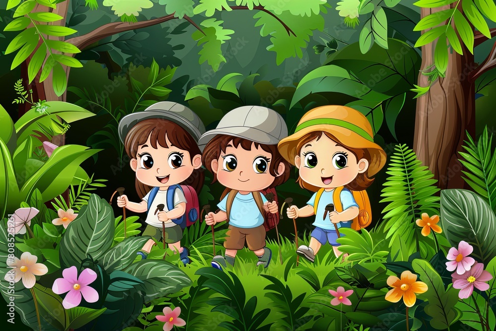 Cartoon Clipart: Group of Friends Hiking Through Forest Adventures ...