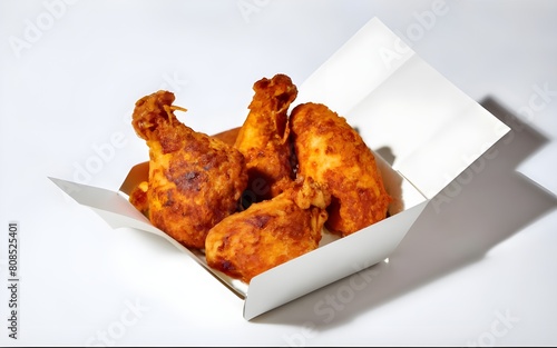 Spicy fried chicken in paper box isolated on white background isolated on white background, photo, fashion