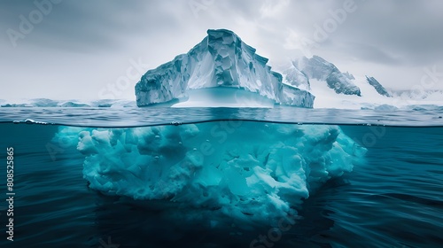 An iceberg with the bottom half submerged in dark blue water and top part above it showing white ice. 