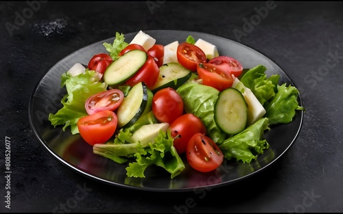 Delicious and juicy salad with lettuce, tomato, cucumber, spinach, onion and paprika on black background. Front view, photo